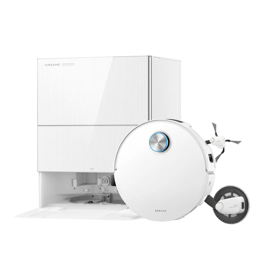 Dreame X60 Pro Ultra Complete blanc avec sa station et ses bras de nettoyage déployés