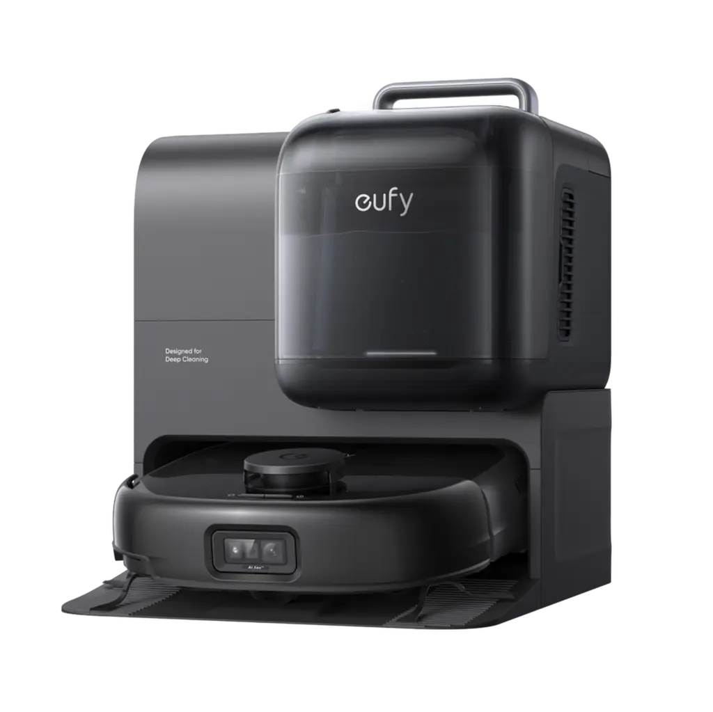 eufy Omni E28 noir avec sa station et son nettoyeur portable FlexiOne