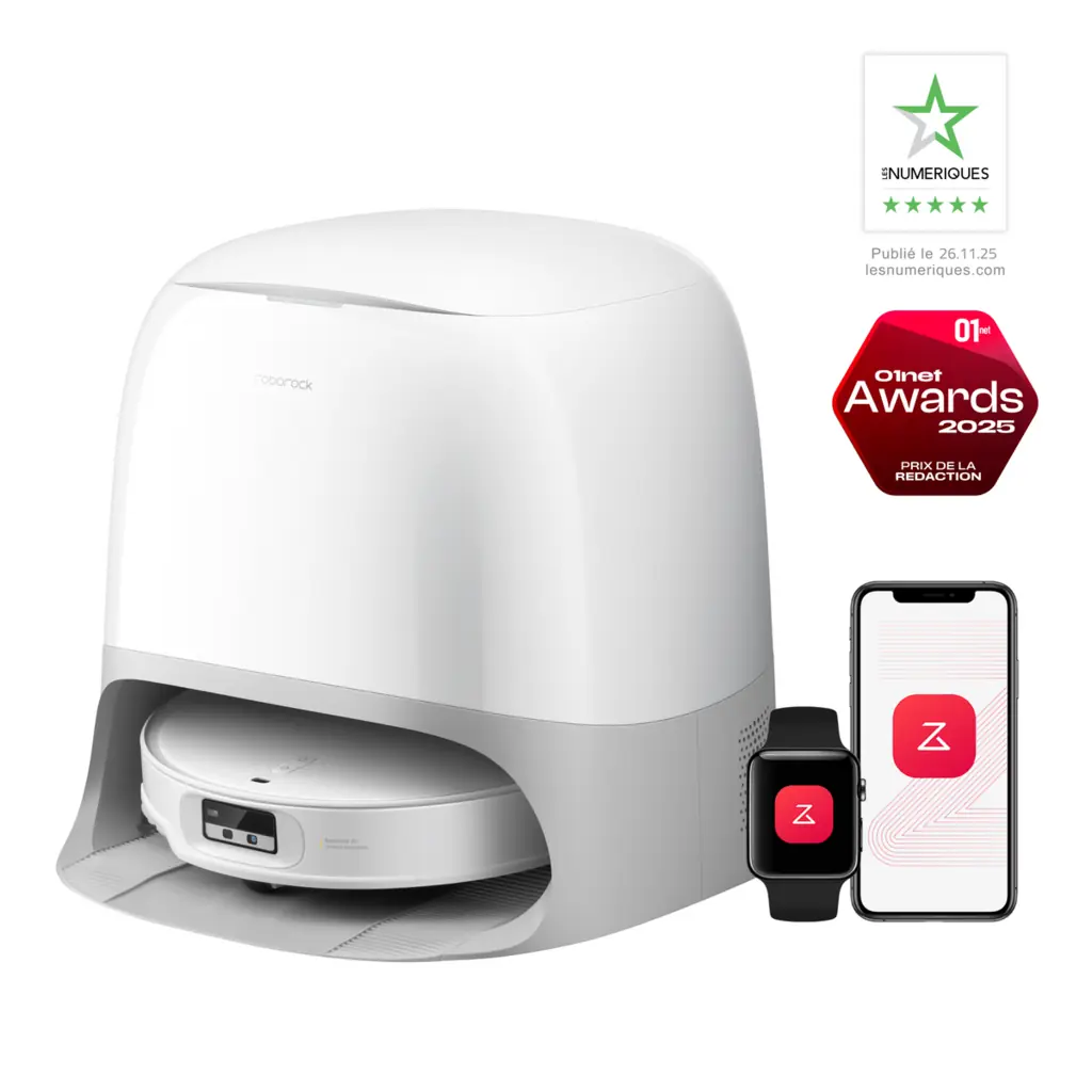 Roborock Qrevo Curv 2 Pro blanc avec sa station arrondie et l’application mobile