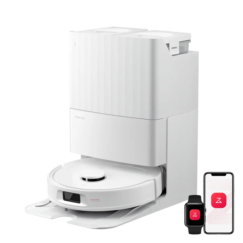 Roborock Qrevo S Pro blanc avec son robot, sa station et l’application mobile